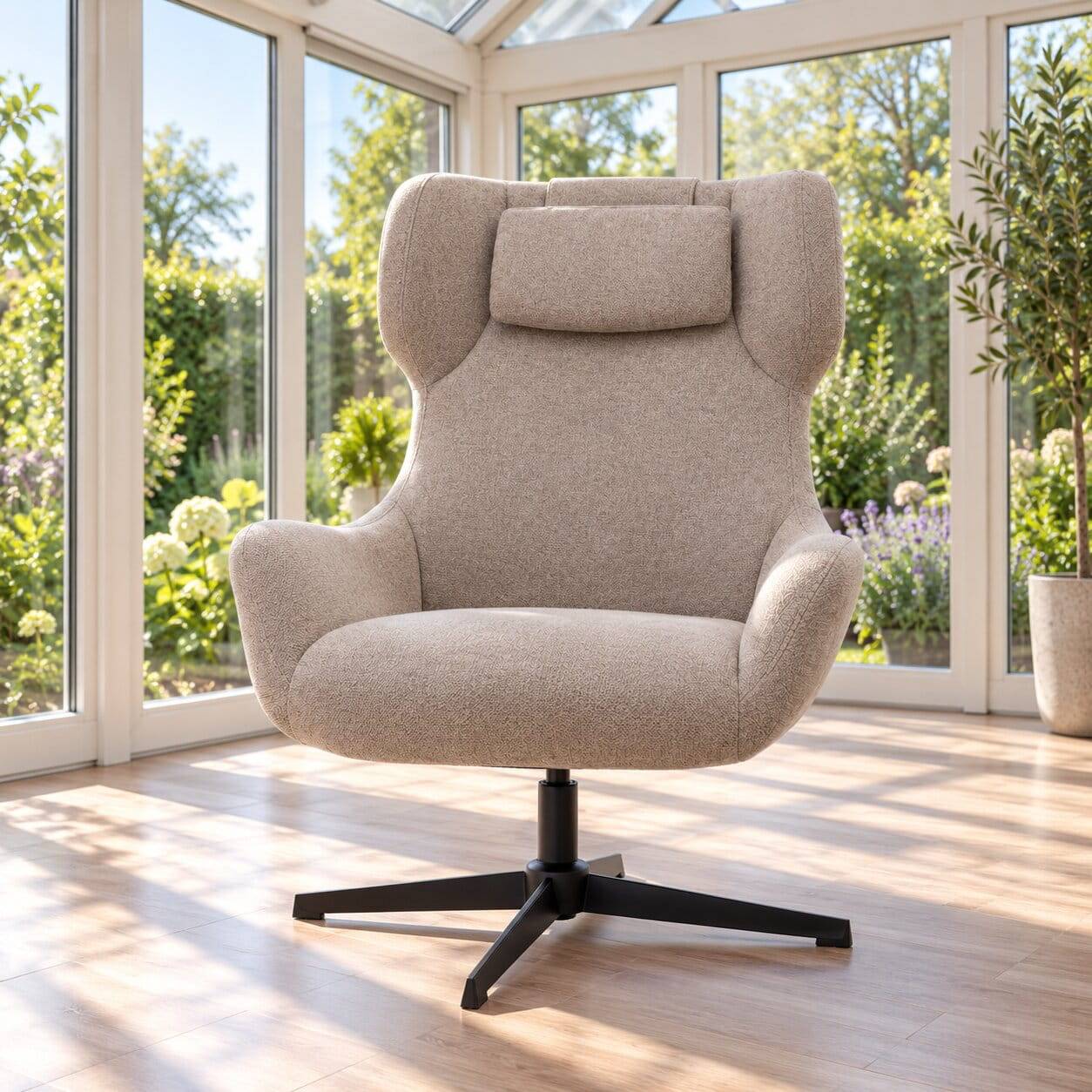 Chenille Loungesessel drehbar in Beige und Schwarz