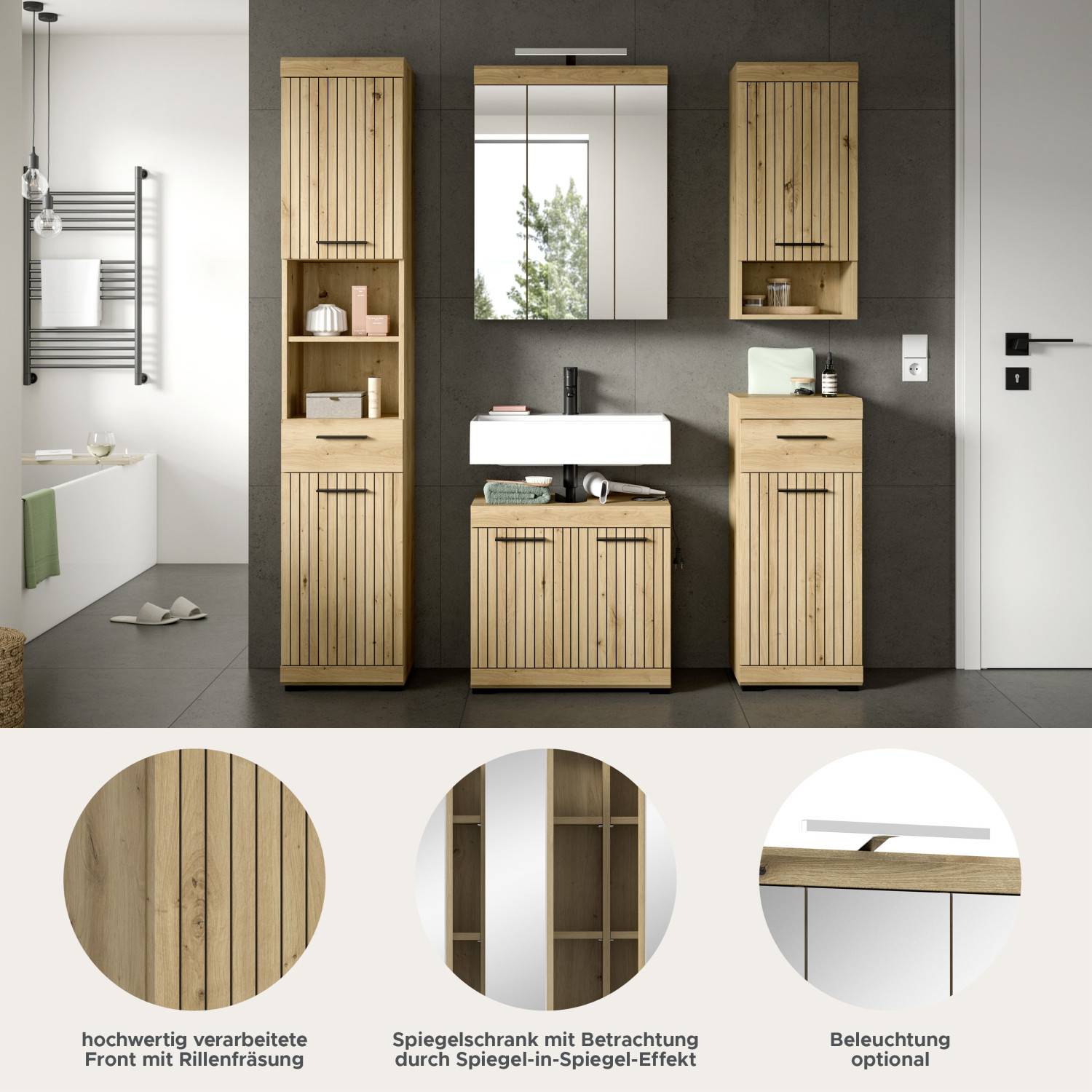 Modernes Badmöbelset mit Rillenfräsung Fronten, Spiegelschrank und optionaler Beleuchtung – Lasewood