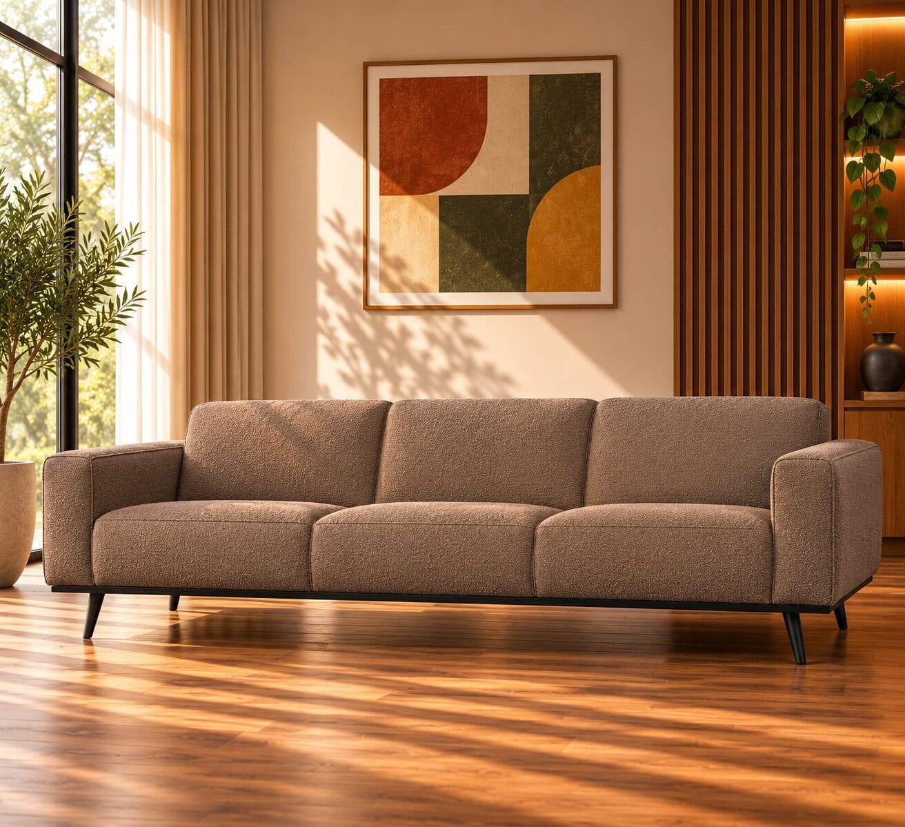 Boucle Wohnzimmercouch in hellem Braun - Mivoje