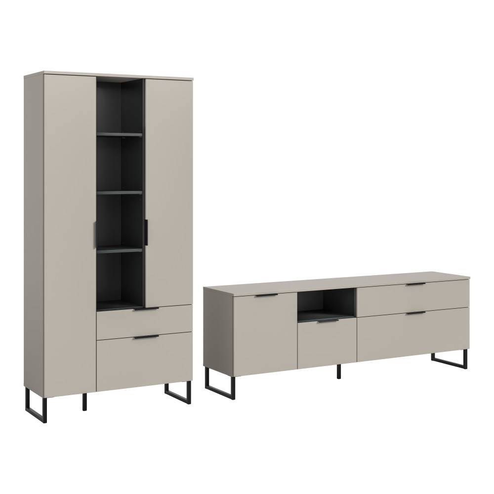 Helles Highboard und breites TV-Lowboard mit V-Füßen und griffloser Optik – Ostinia