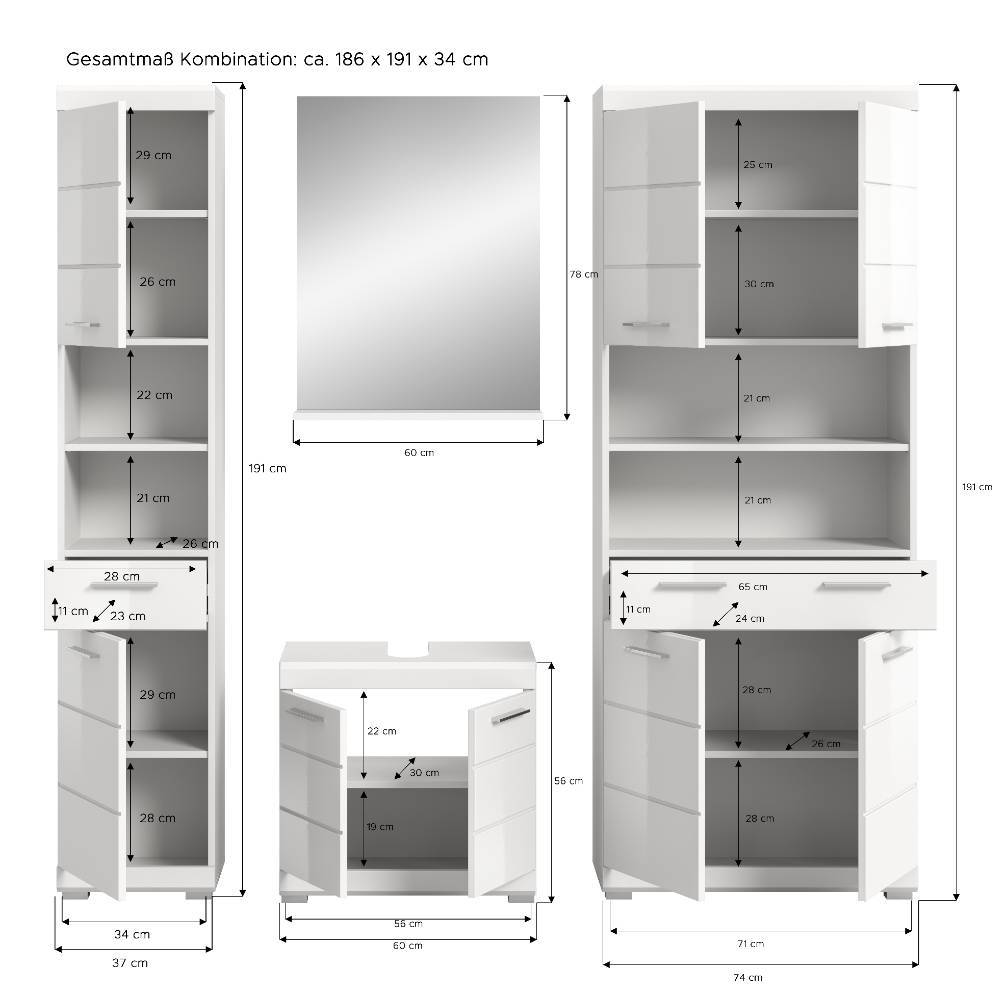 Badezimmer Kombi in Weiß - Henriette (vierteilig)