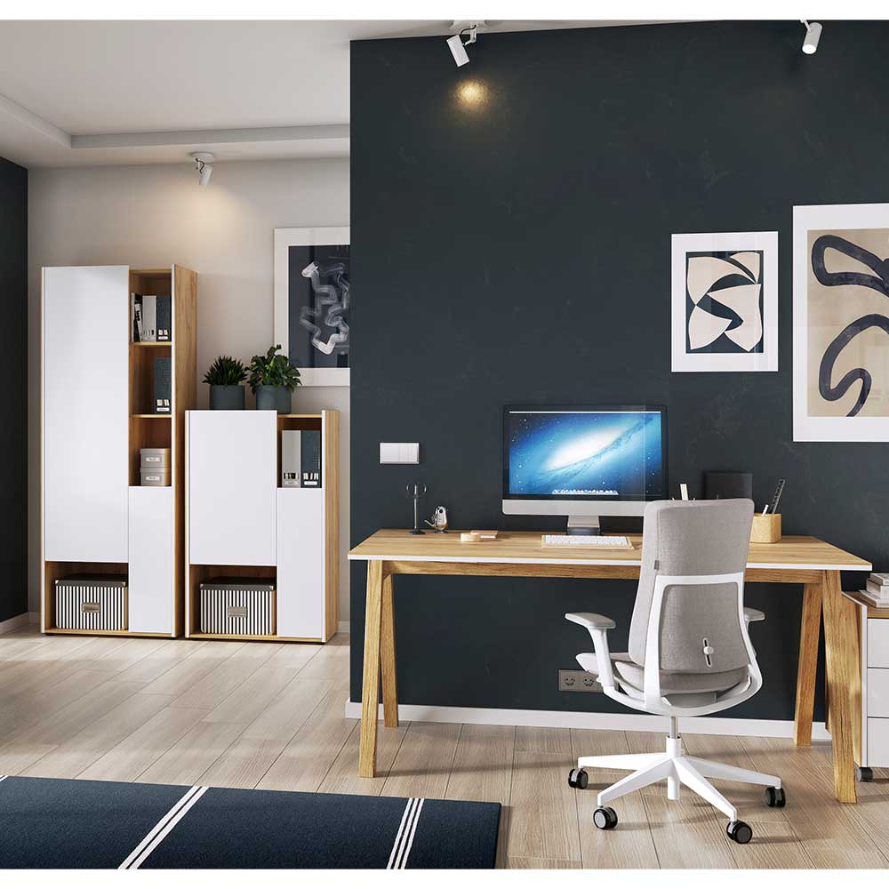 Büromöbel Set in Weiß & Wildeiche - Esinan (dreiteilig)