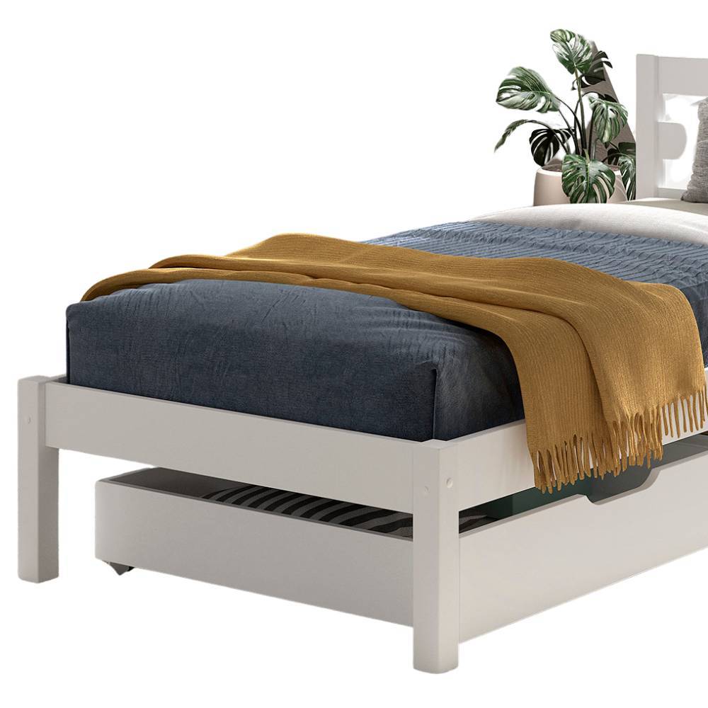 Weißes Einzelbett mit ausziehbarem Bettkasten und Lattenrost – Napcolia