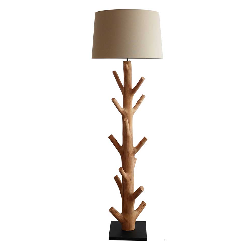 Stehlampe mit Stoffschirm und Naturholz Fuß - Longli