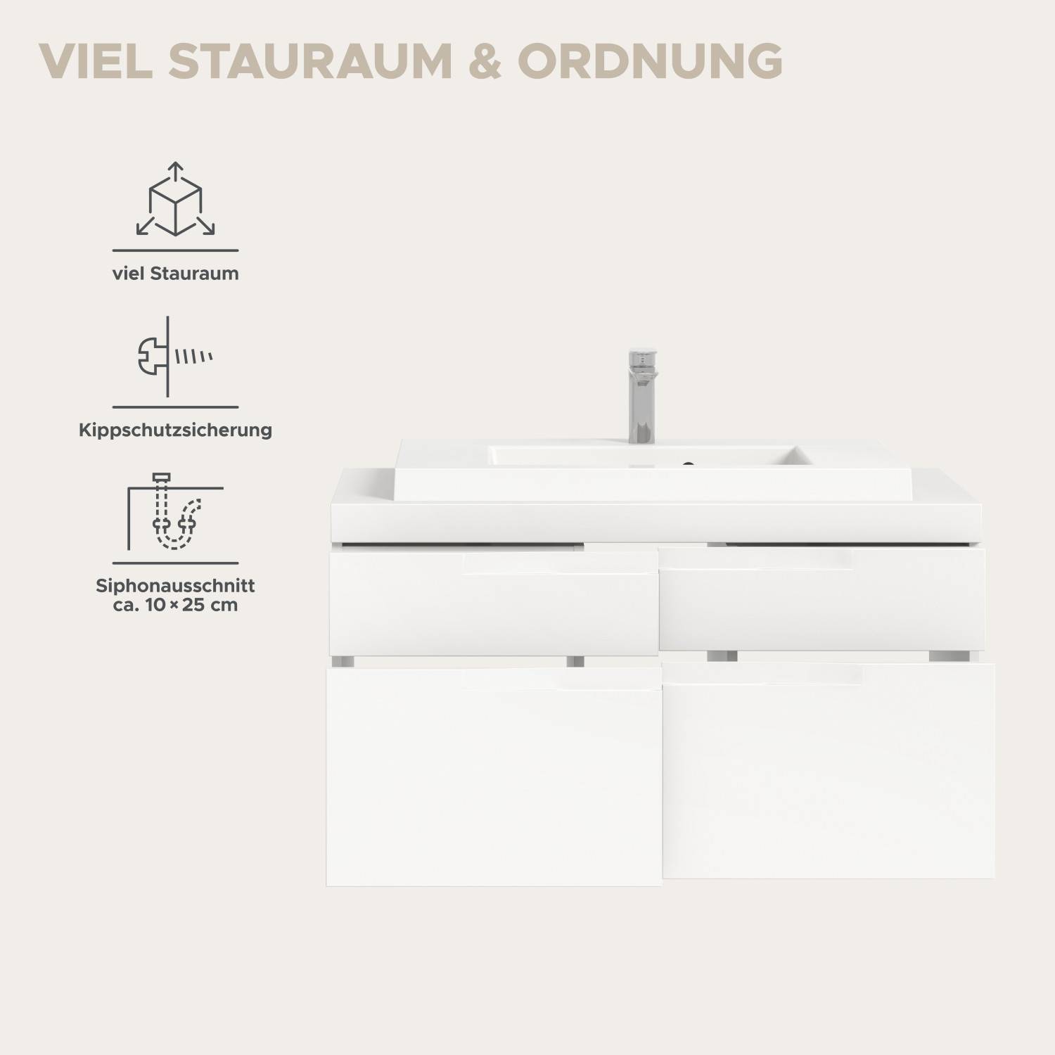 Viel Stauraum im Badschrank mit praktischem Siphonausschnitt und Kippschutzsicherung – Bruna