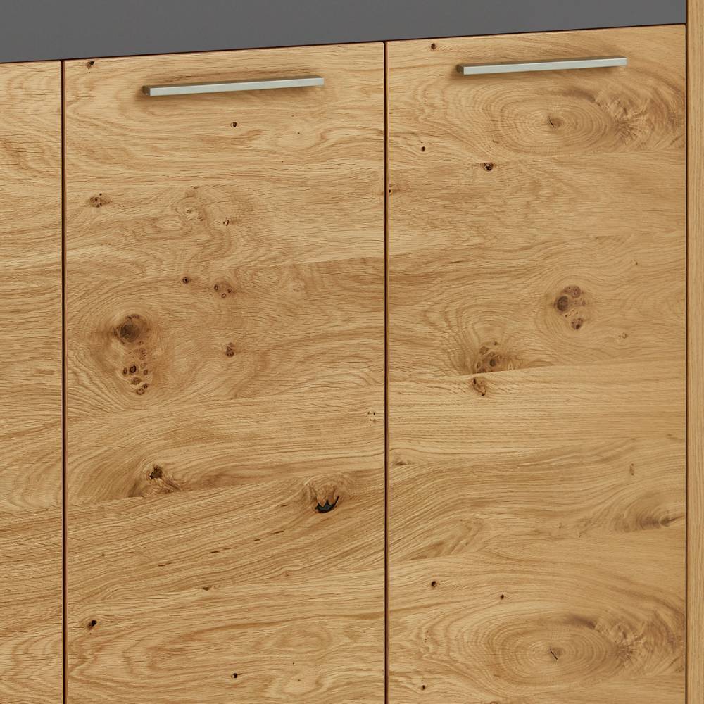Design-Schuhkommode mit zwei Holztüren in Wildeiche-Optik und mattgrauer Oberplatte – Arturus