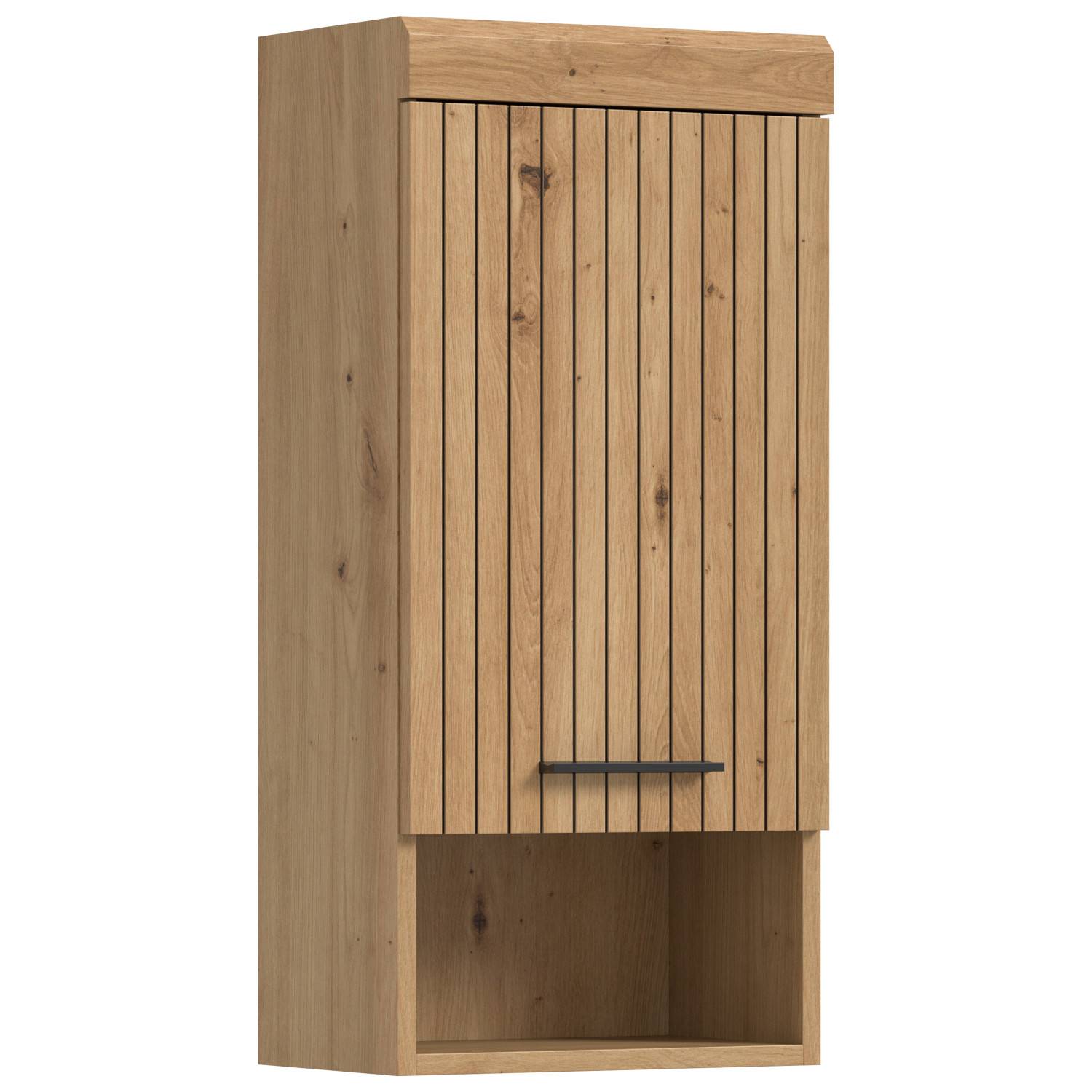 Schmaler Hängeschrank in Artisan Holzoptik mit Rillenfront und offenem Fach für das Badezimmer – Lasewood