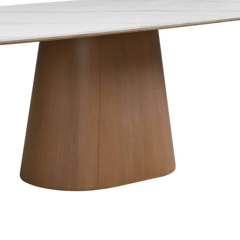 Design-Esstisch Fuß in Holzoptik mit weißer Sintersteinplatte – Pietras