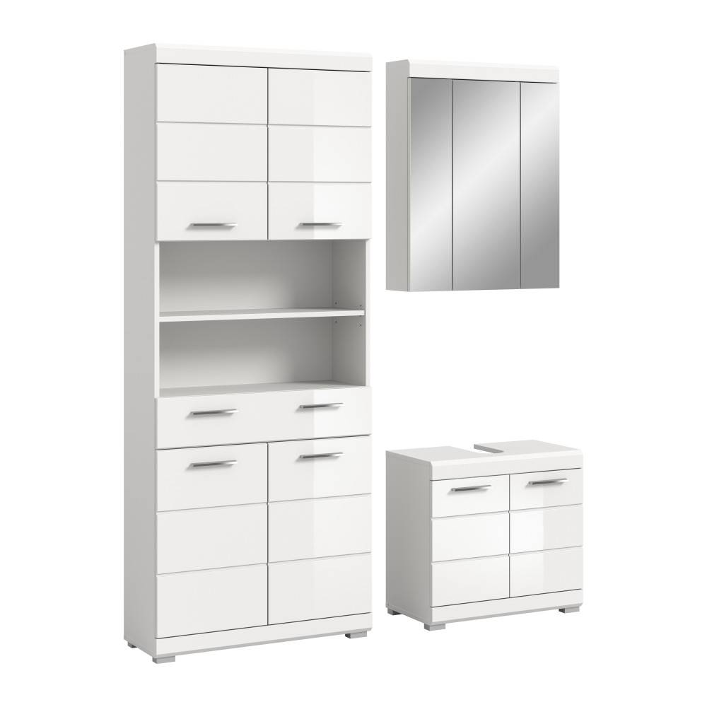 Dreiteiliges weißes Badezimmermöbelset mit Rillenoptik und viel Stauraum – Henriette