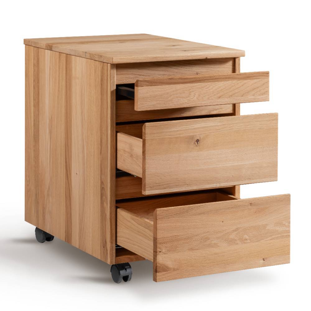 Massiver Eiche Rollcontainer für den Schreibtisch mit allen drei Schubladen geöffnet – Calexia