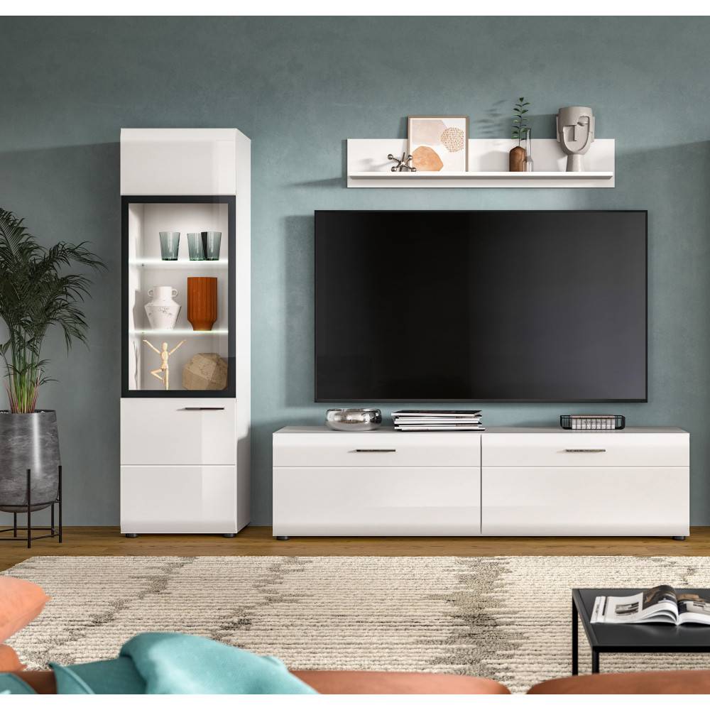 Elegante Wohnwand mit Vitrinenschrank, großem TV-Board und schwebendem Wandregal für das Wohnzimmer – Clona