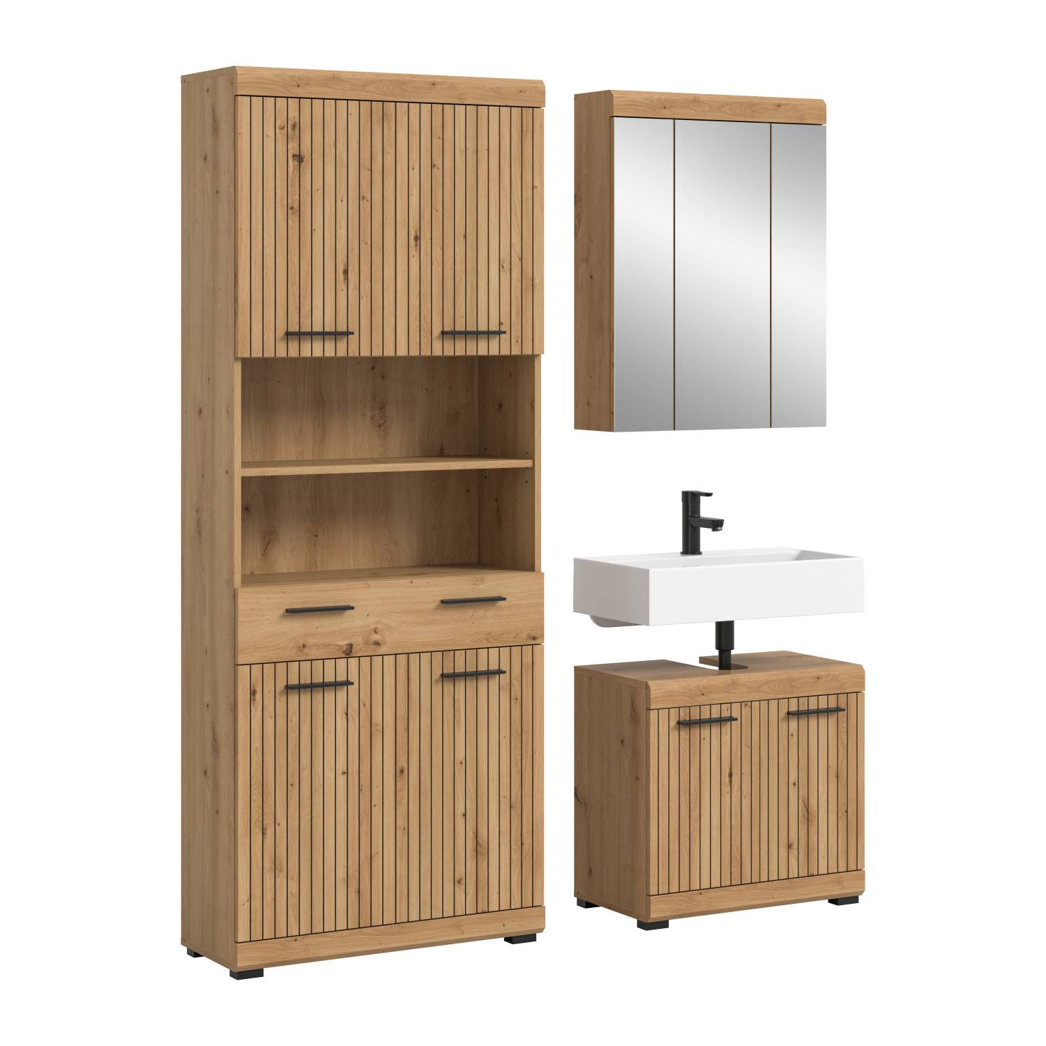 Natürliches dreiteiliges Badmöbelset in Holzoptik mit Profilfronten für das Badezimmer – Lasewood