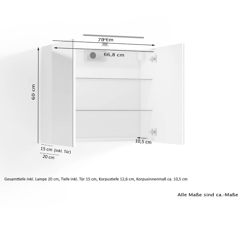 Badezimmer-Spiegelschrank mit Maßen und Innenansicht, geöffnet mit Glasablagen – Asta