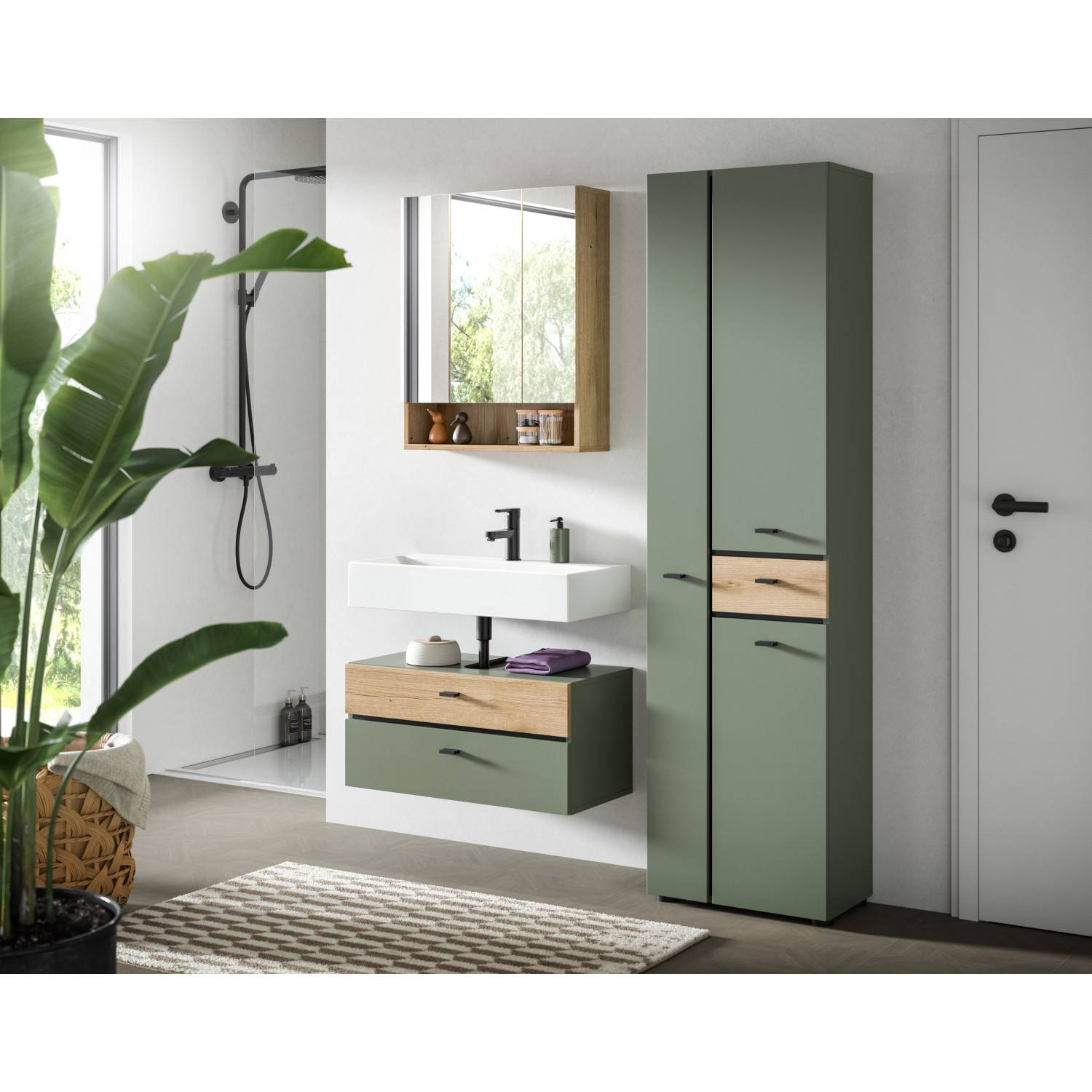 Modernes Badezimmer Set mit grün matten Schränken und Spiegelschrank im eingerichteten Bad – Jubby
