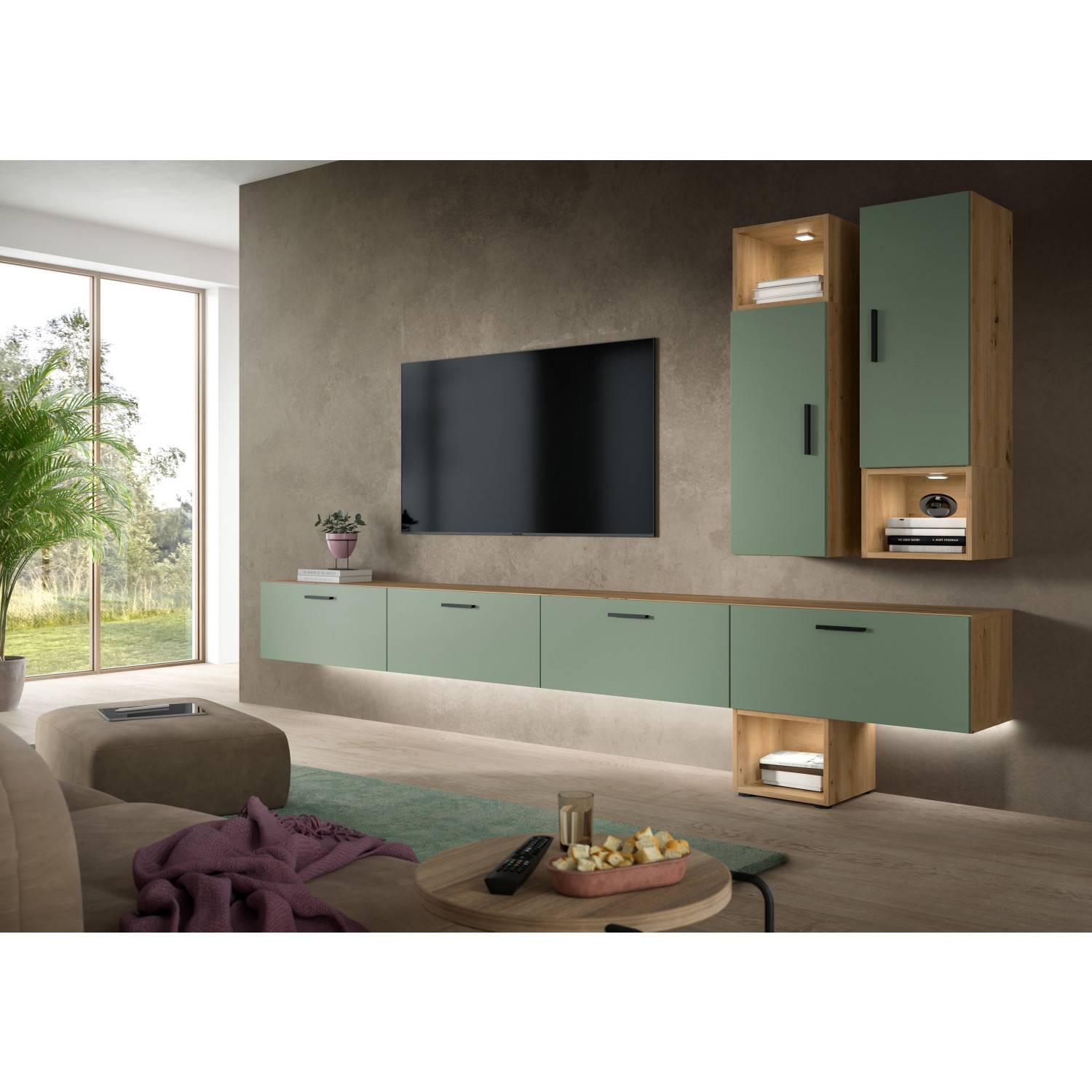 Moderne Wohnwand in Naturgrün und Holzoptik mit TV und Hängeschränken im Wohnzimmer – Jonni