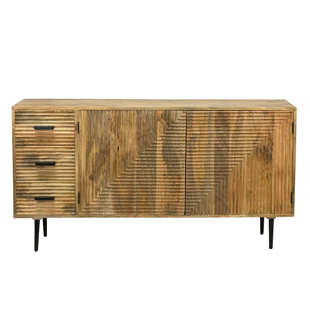 Design-Sideboard aus Massivholz mit geriffelten Fronten, geometrischem Muster und Metallbeinen – Beato