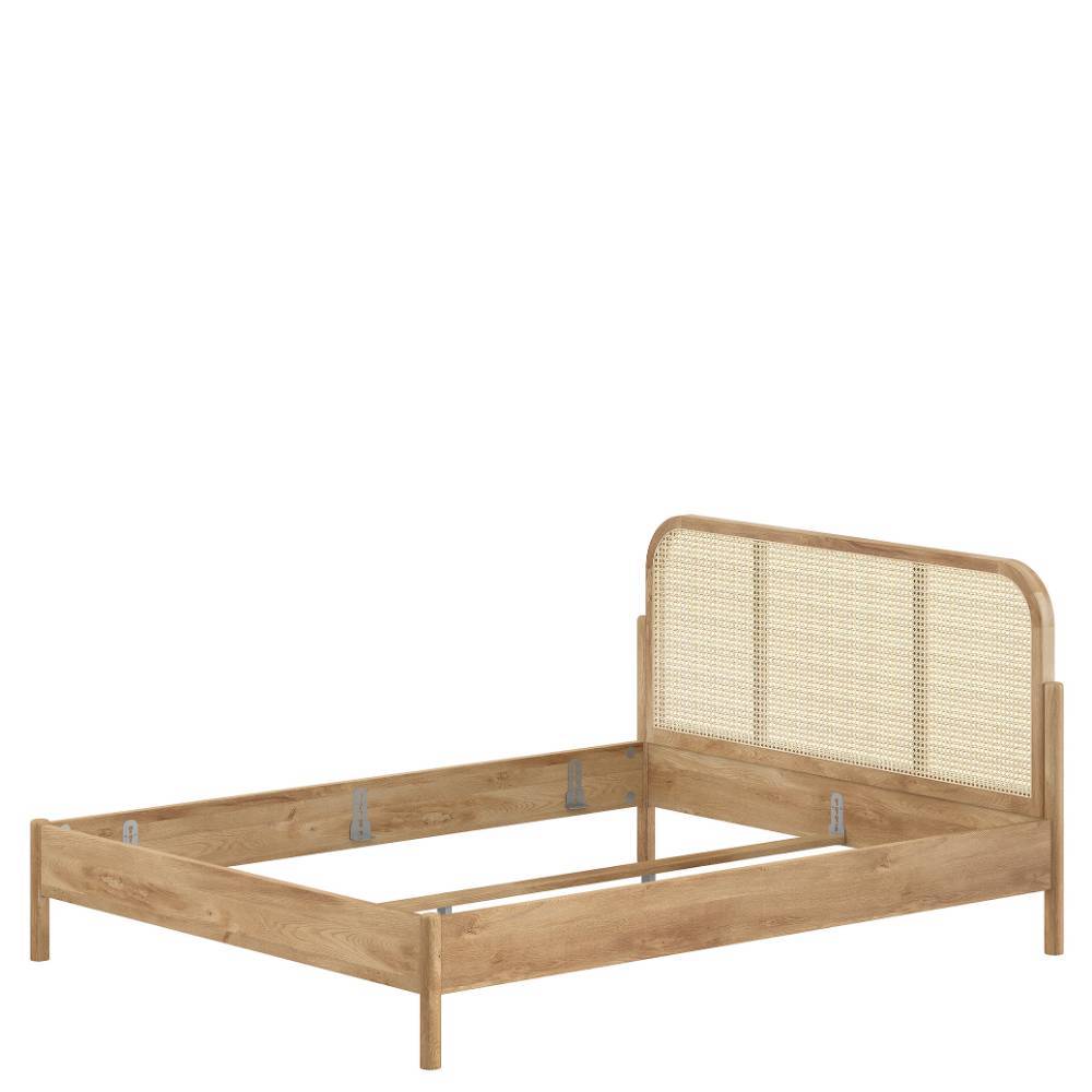 Modernes Doppelbett aus hellem Holz mit elegantem Kopfteil aus Wiener Geflecht – Goyan