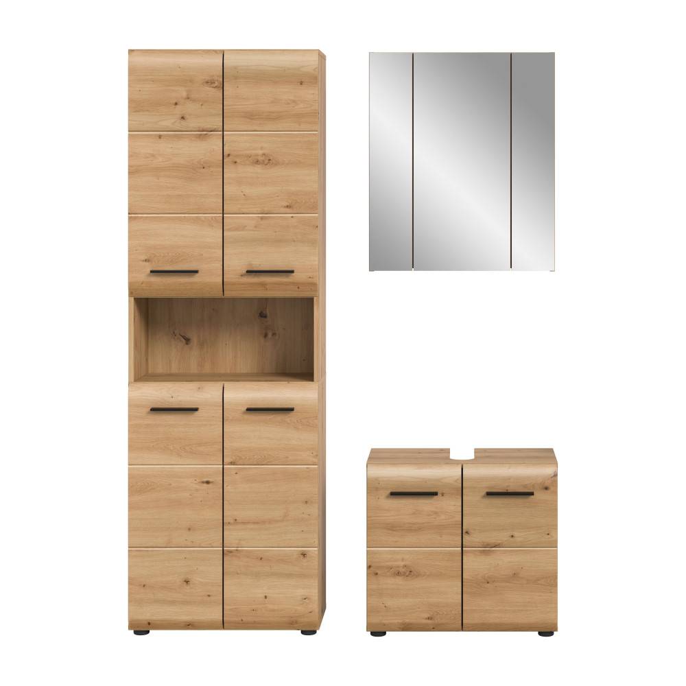 Komplettes Badmöbel Schrankset in Eichenholzoptik mit eleganten schwarzen Griffen für viel Stauraum – Canopus