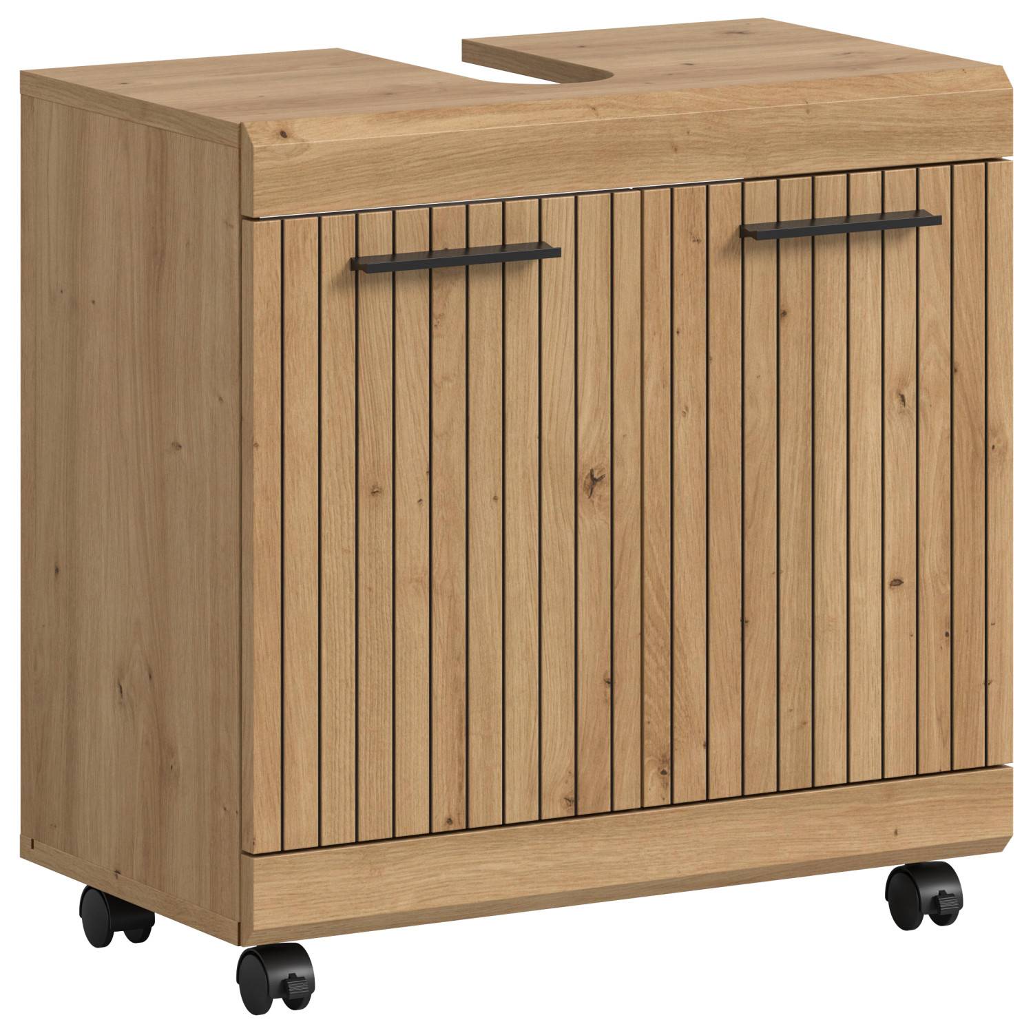 Unterbeckenschrank auf Rollen mit zwei Türen in Holzoptik und Lamellen-Design – Lasewood