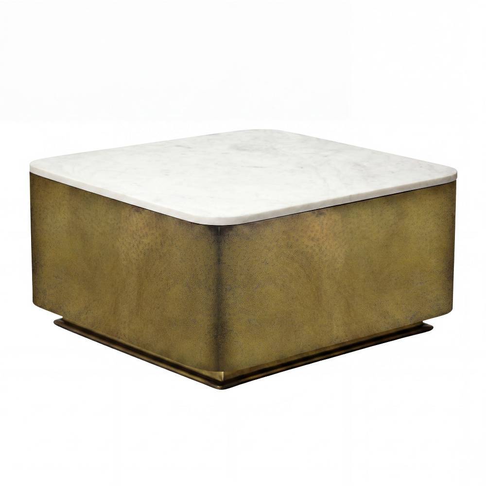 Eleganter quadratischer Beistelltisch mit weißer Marmorplatte und bronzefarbenem Metallgestell – Furcia