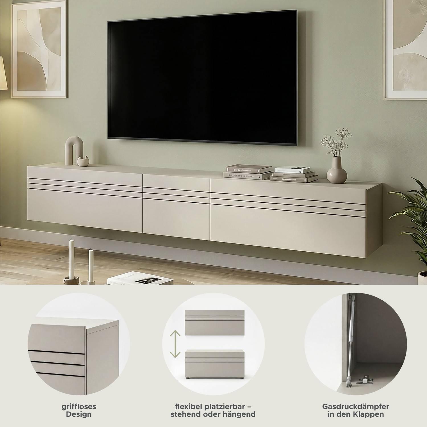 Helles TV Sideboard grifflos mit Gasdruckdämpfern flexibel stehend oder hängend montierbar – Draguno