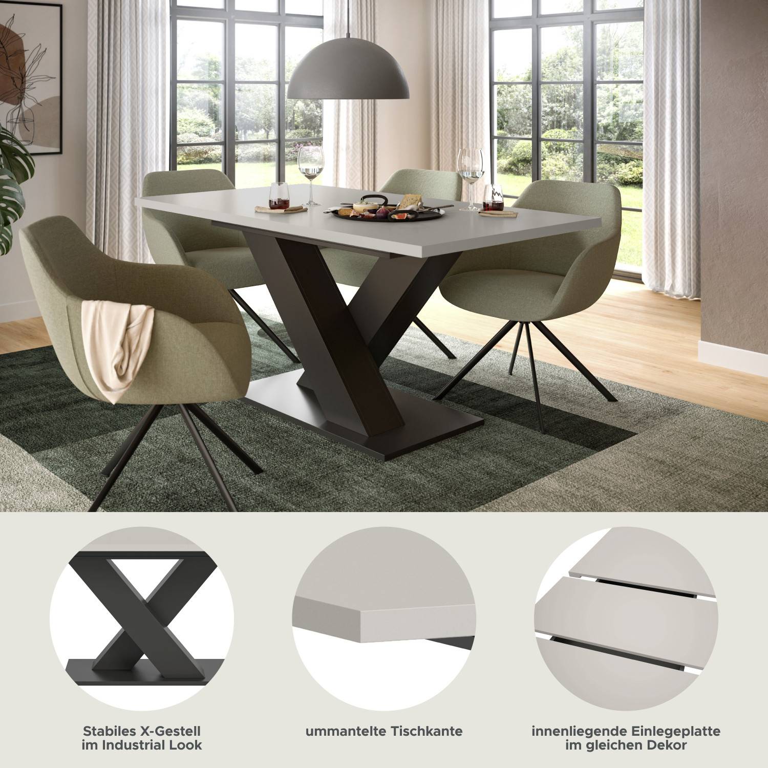 Designtisch mit stabilem X-Gestell im Industrial Look und ummantelter Tischkante – Nexter
