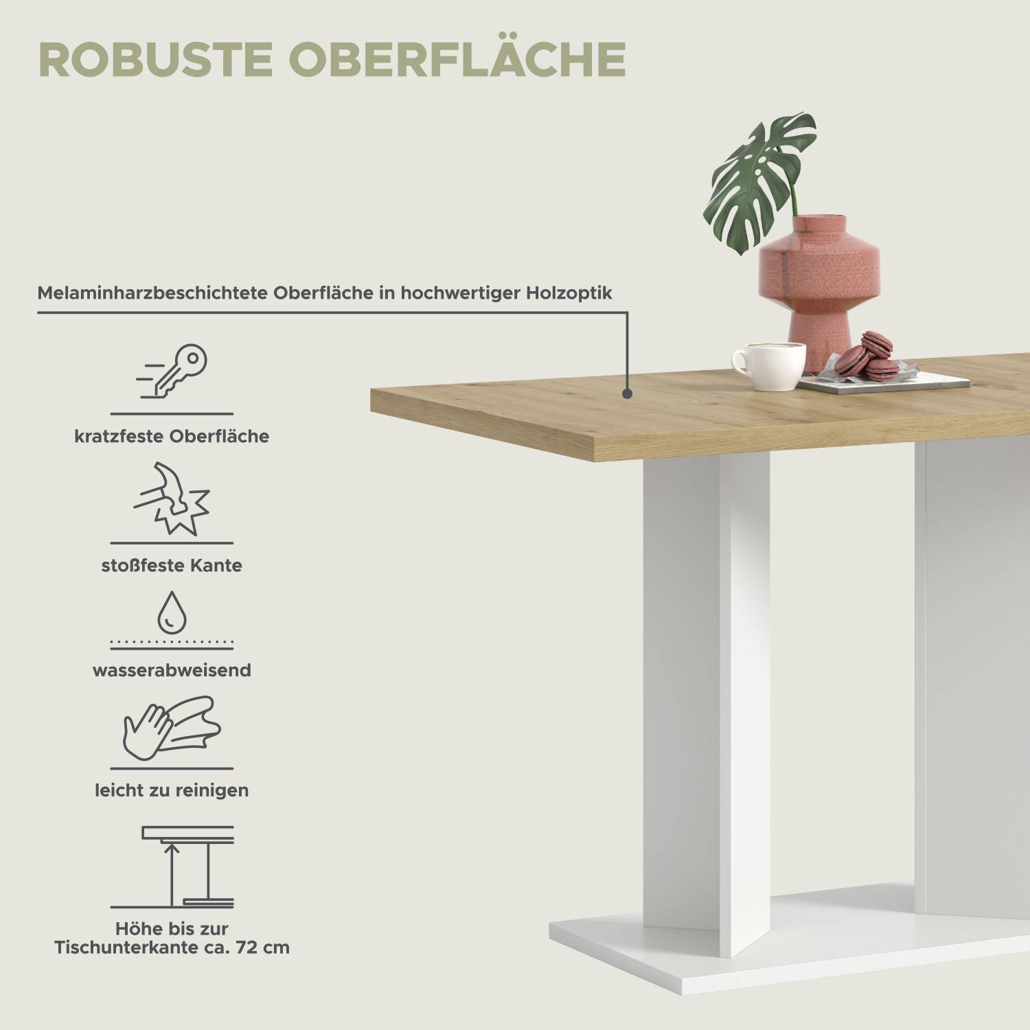 Robuste, kratzfeste und wasserabweisende Oberfläche in Holzoptik des Küchentisches – Korres