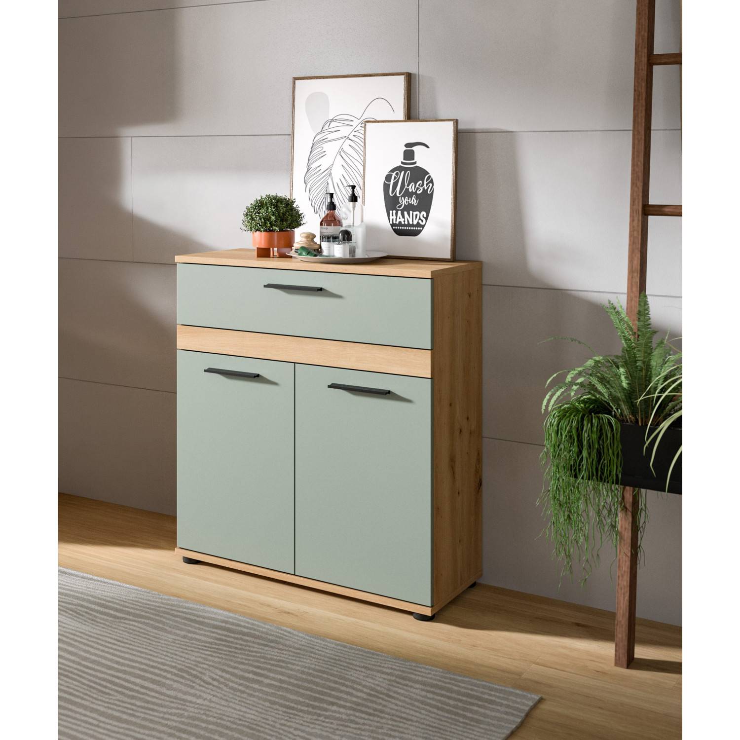 Moderner Badschrank in Holz und mattem Salbeigrün mit Schublade und zwei Türen Luzanos