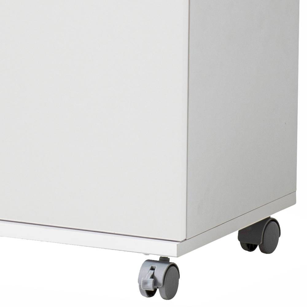 Mobiler weißer Badschrank auf Rollen Detail der grauen Räder und Sockel – Hectoss