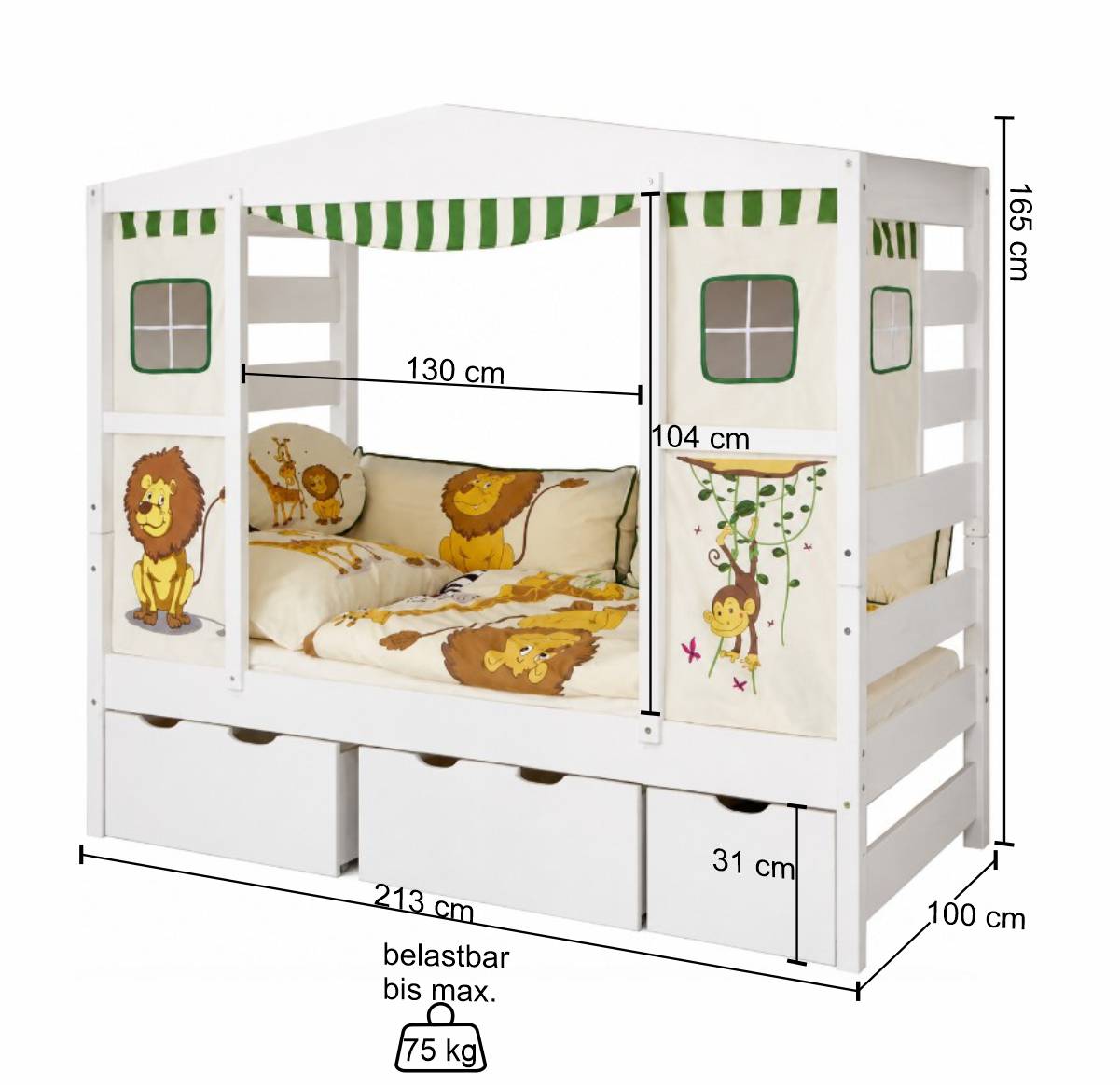 Weißes Kinderbett Xantus mit Stauraum