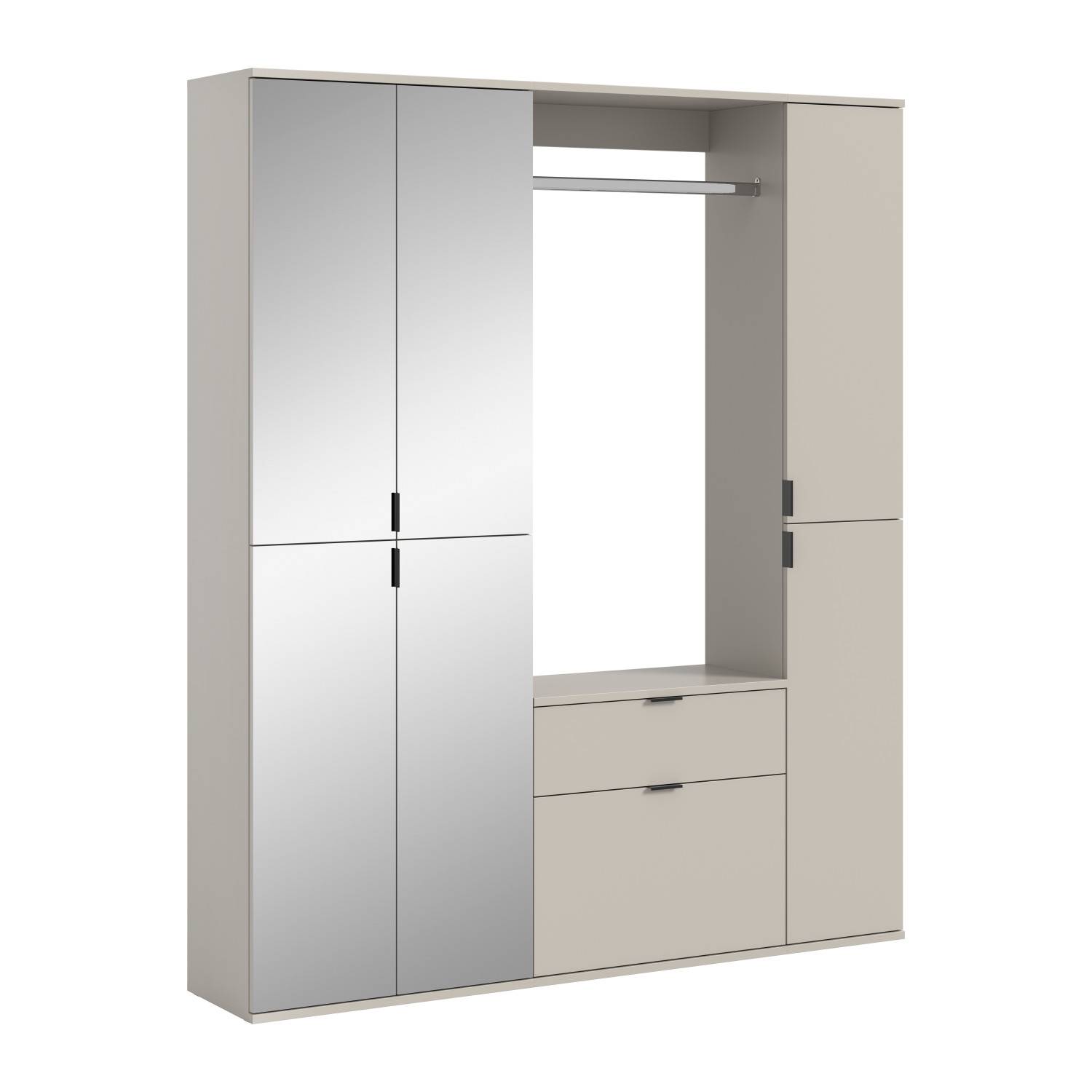 Helle Kompaktgarderobe mit Spiegeltüren, Schubladen und Kleiderstange für den Flur (3er Set) – Meho