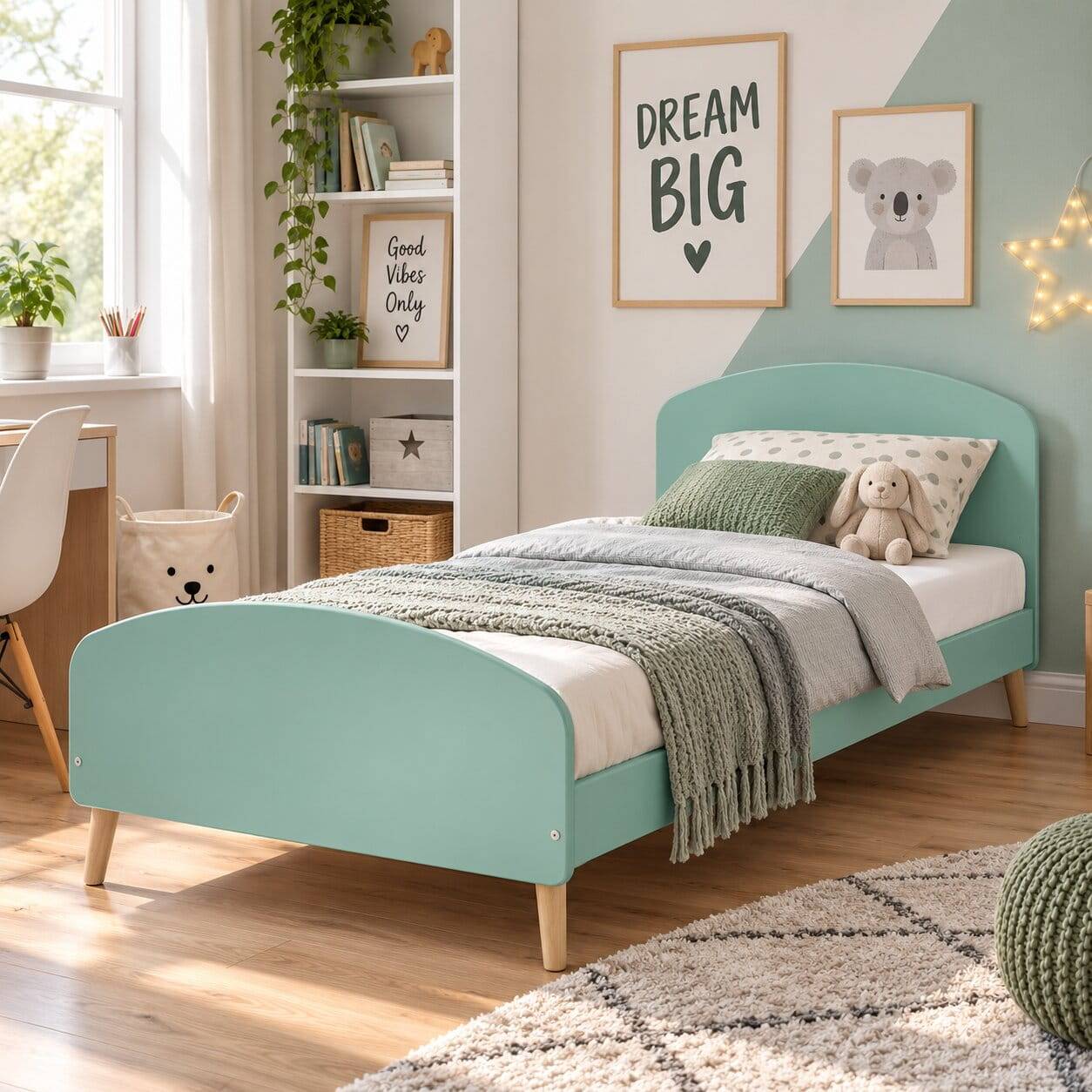 Modernes Einzelbett in Mintgrün mit schlichtem Design und Holzfüßen – Vrespa