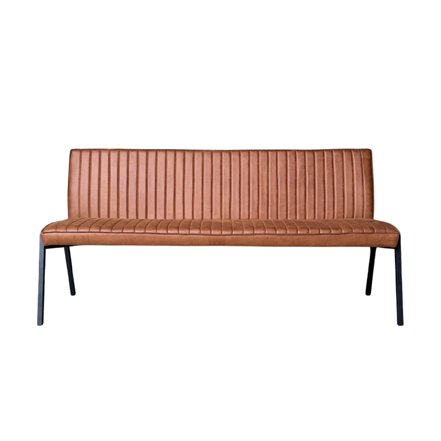 Elegante Polsterbank aus braunem Kunstleder mit gerippter Rückenlehne und schwarzen Metallbeinen – Viramiru