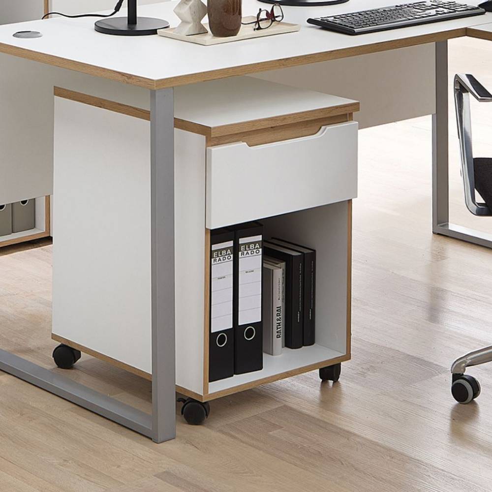 Office Rollcontainer in Weiß und Eiche - Anesto