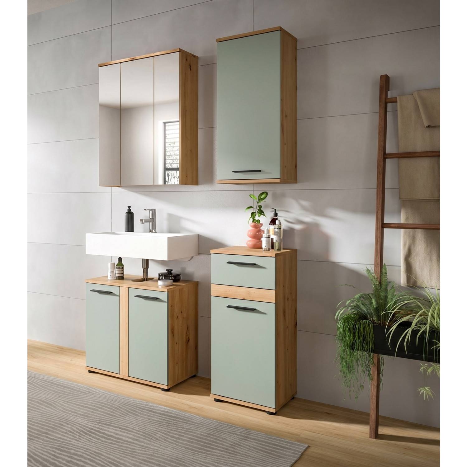 Modernes Badezimmer Set vierteilig Eiche und Salbeigrün mit Spiegelschrank und Waschtischunterschrank – Luzanos