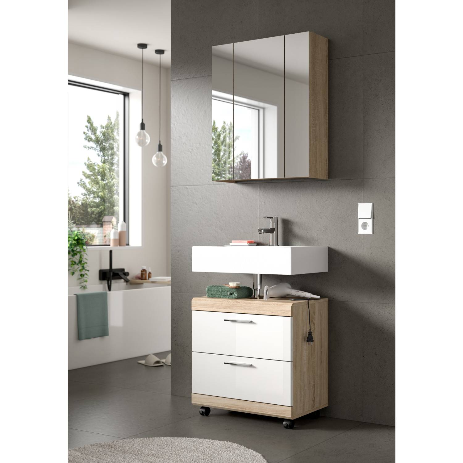 Helles Waschplatz Set mit Spiegelschrank - Calbanyara (zweiteilig)