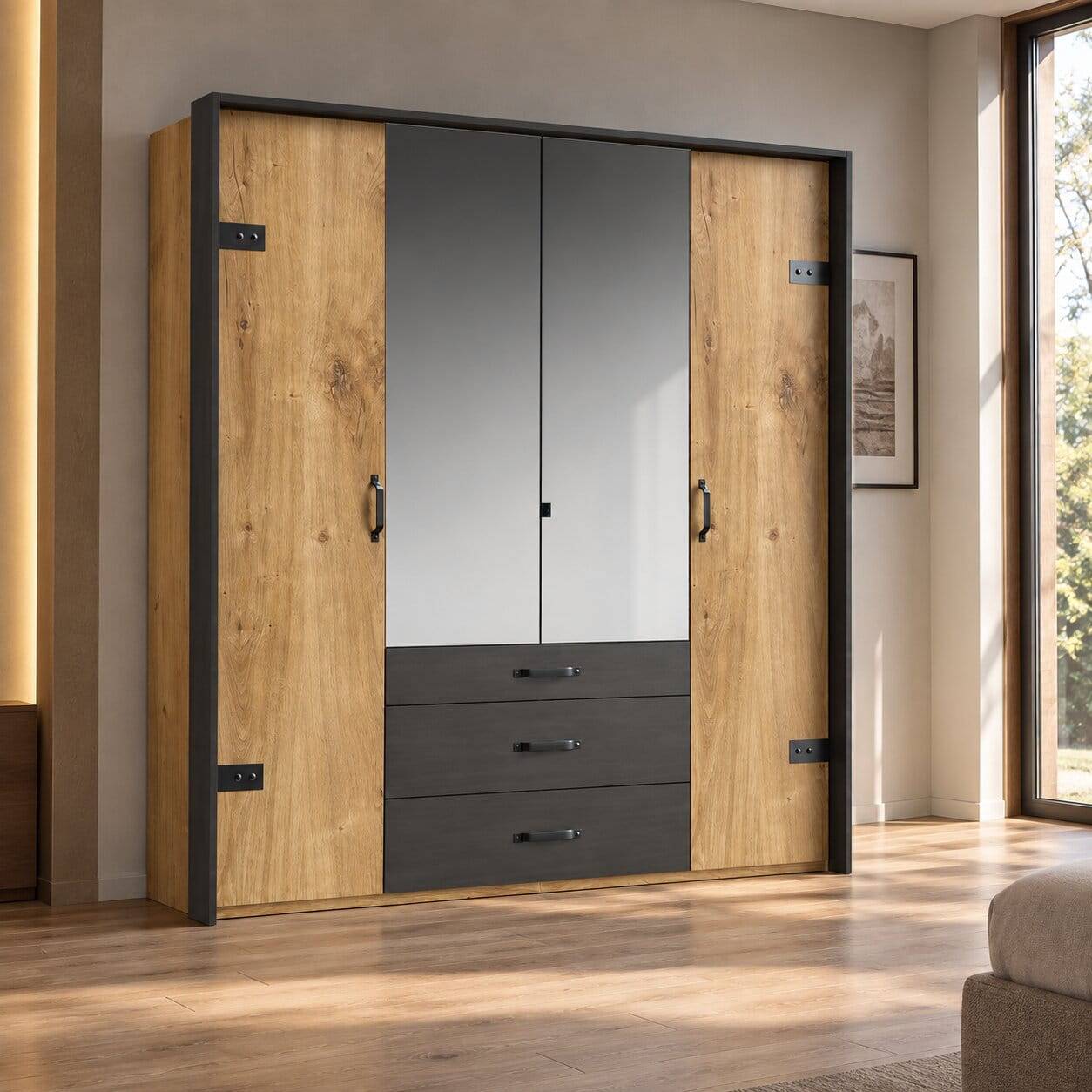 200x216x58 Kombi-Kleiderschrank mit Spiegeln - Bram