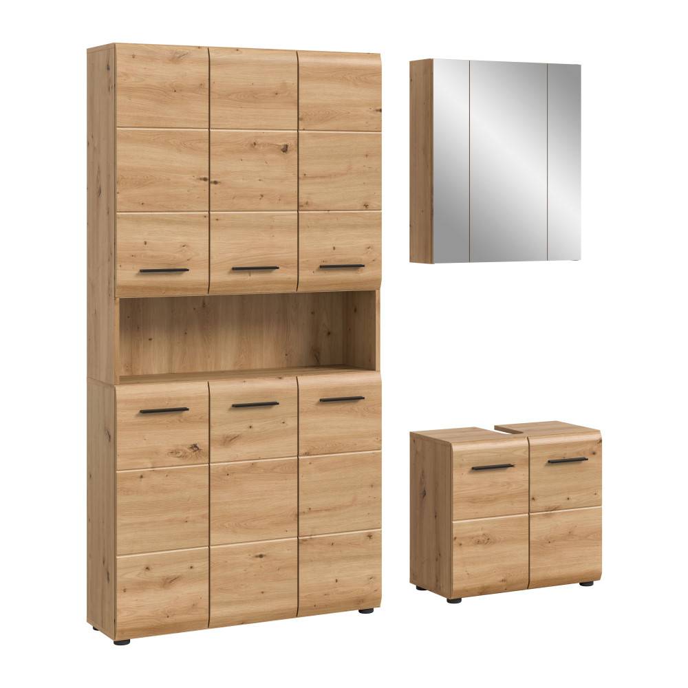 Dreiteiliges Badmöbel Set aus hellem Holz mit geschlossenen Türen und eleganten Griffen – Canopus