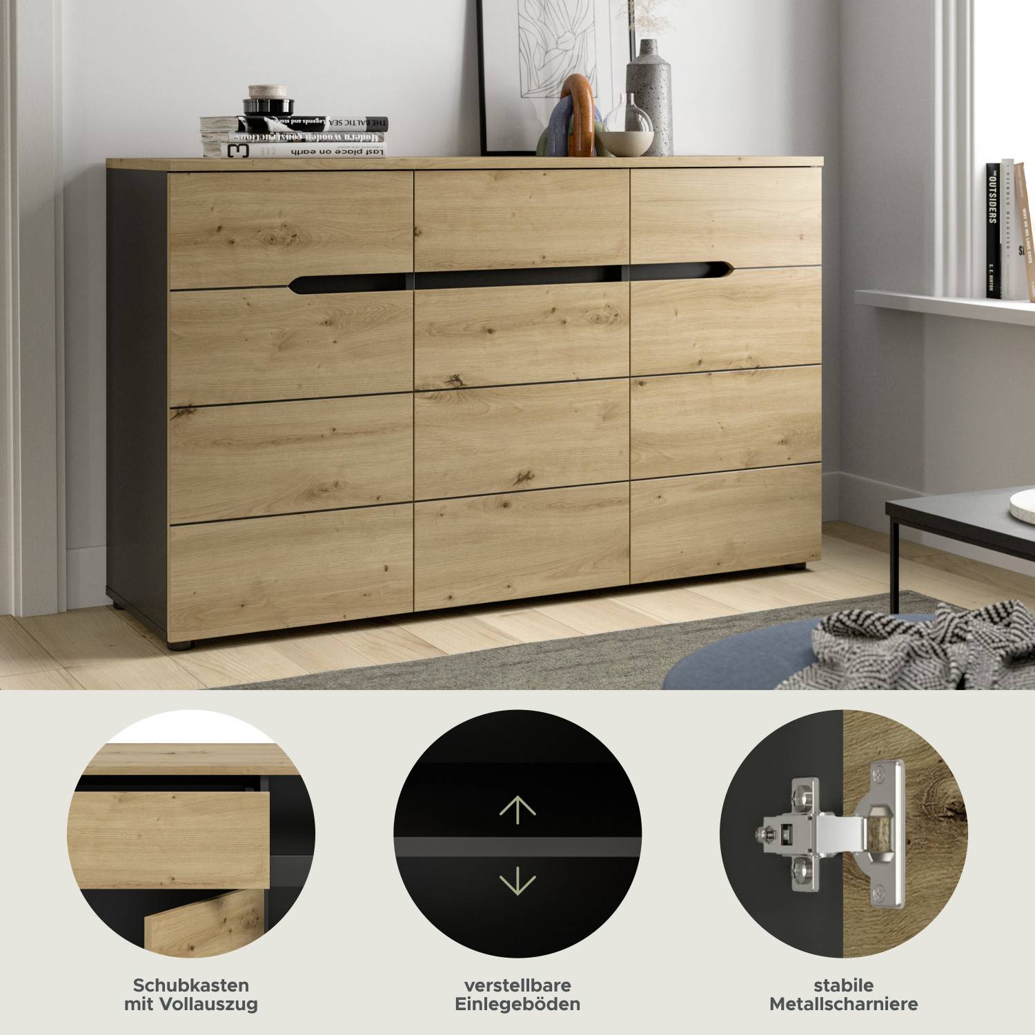 Modernes Sideboard mit neun Fächern in Holzoptik und anthrazitfarbenem Korpus für den Flur – Irysma