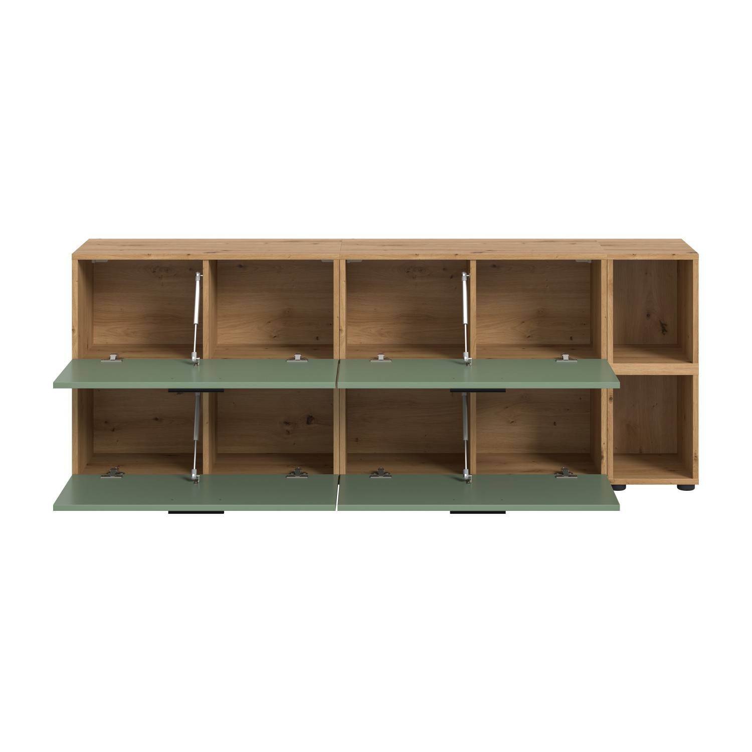 Anbauwand mit vier geöffneten grünen Klappen und Holzoptik-Innenfächern – Jonni