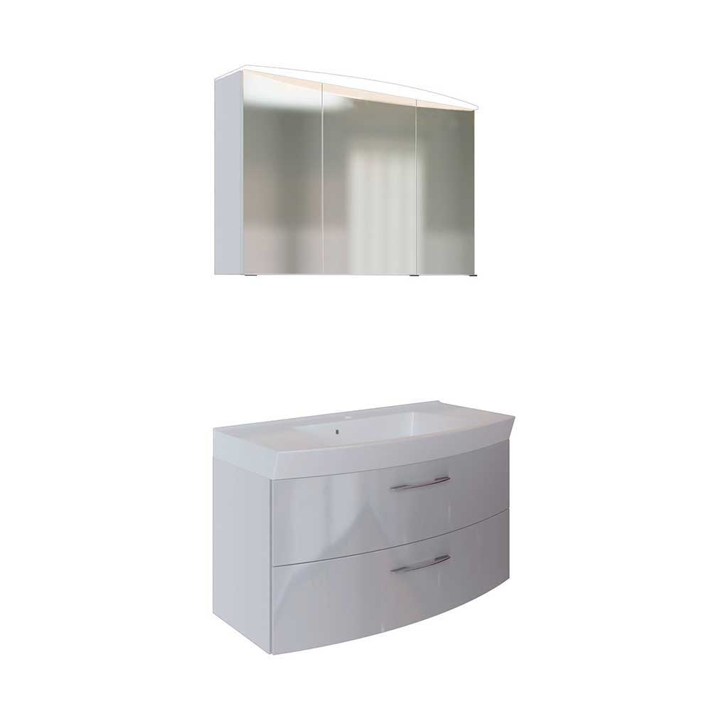 Weißes Hochglanz Waschtisch Set mit Spiegelschrank Datara 100cm breit (zweiteilig)