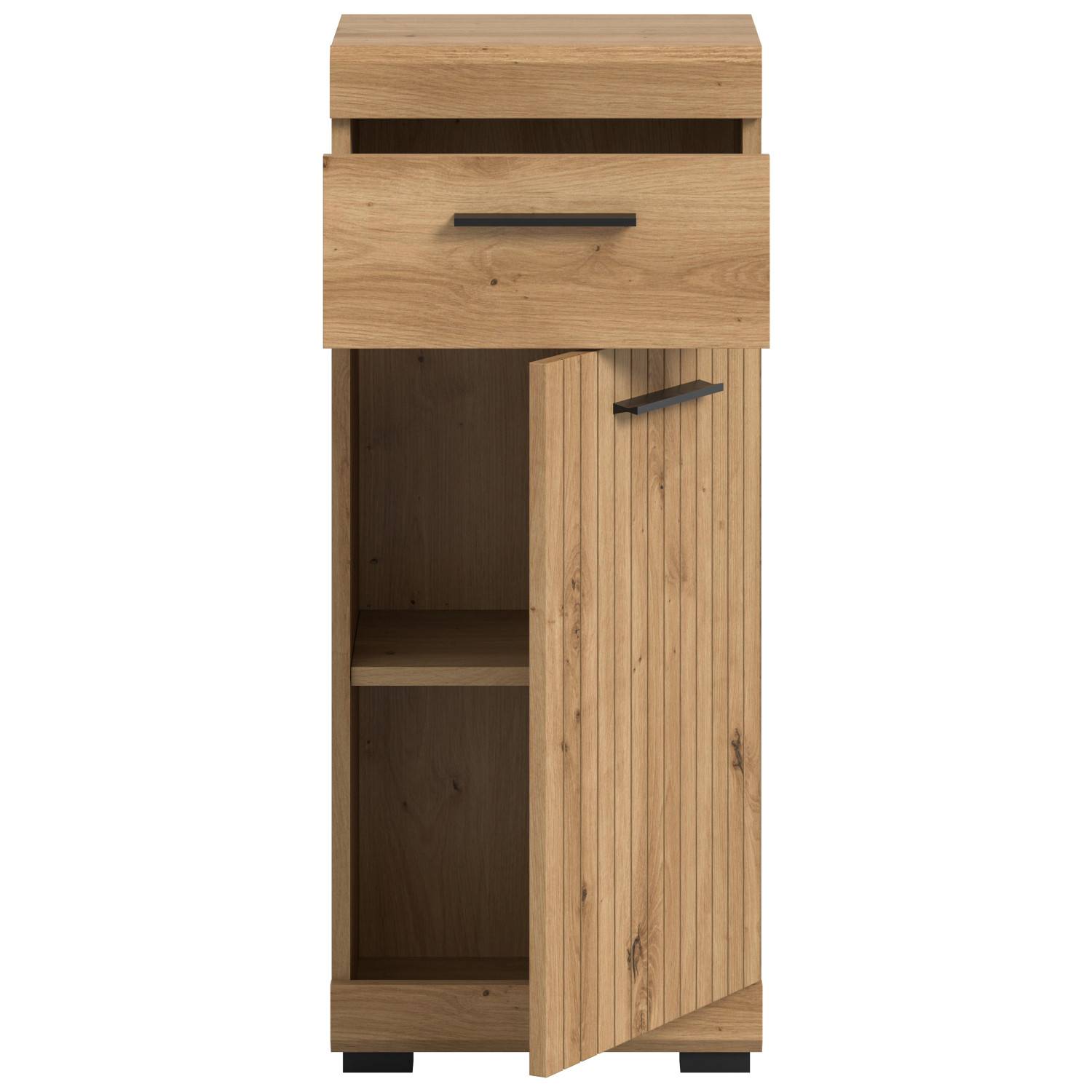 Midischrank Bad Eiche Holzoptik mit offener Schublade und Lamellentür für viel Stauraum – Lasewood