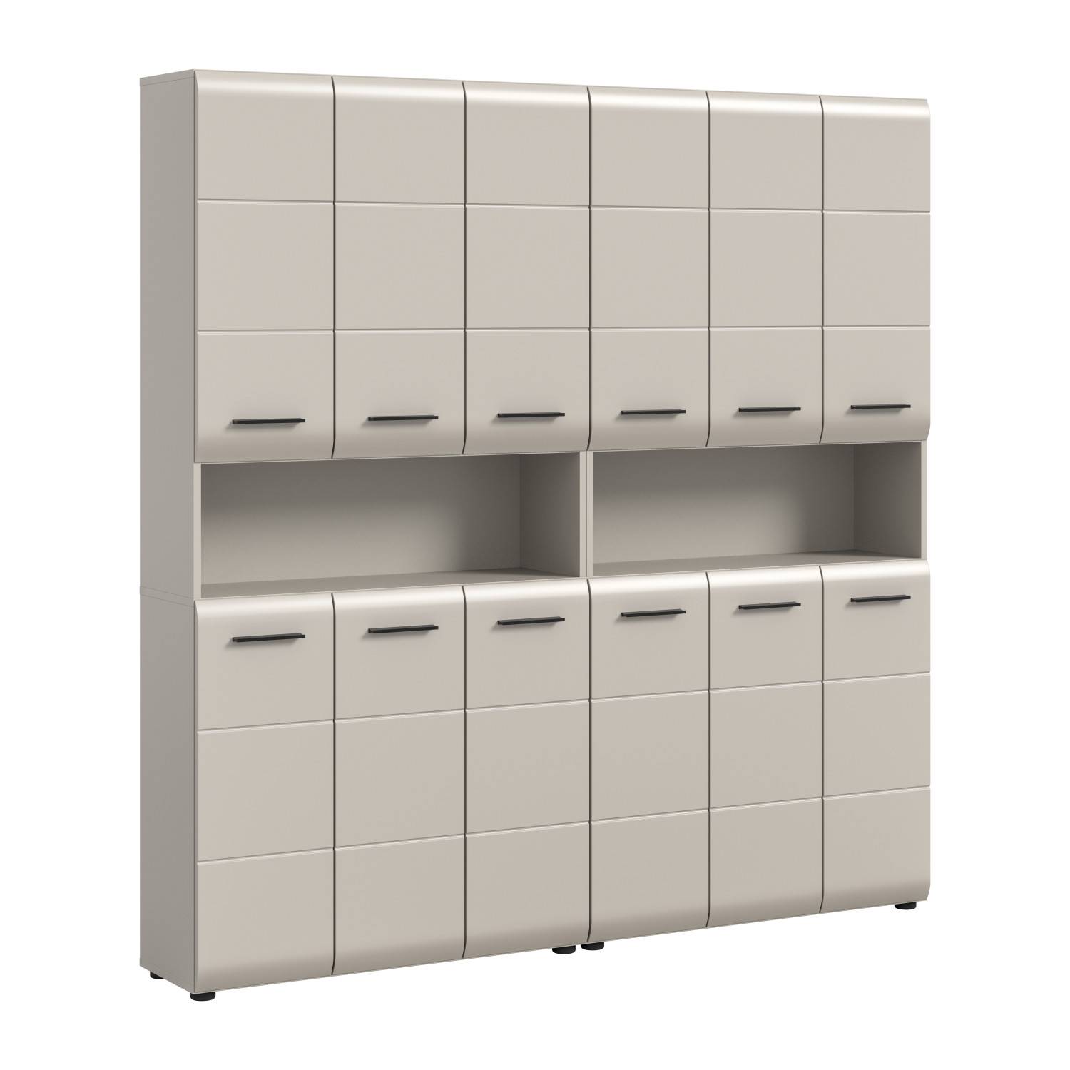Großer geschlossener Badschrank in hellem Beige mit schwarzen Griffen – Donostia