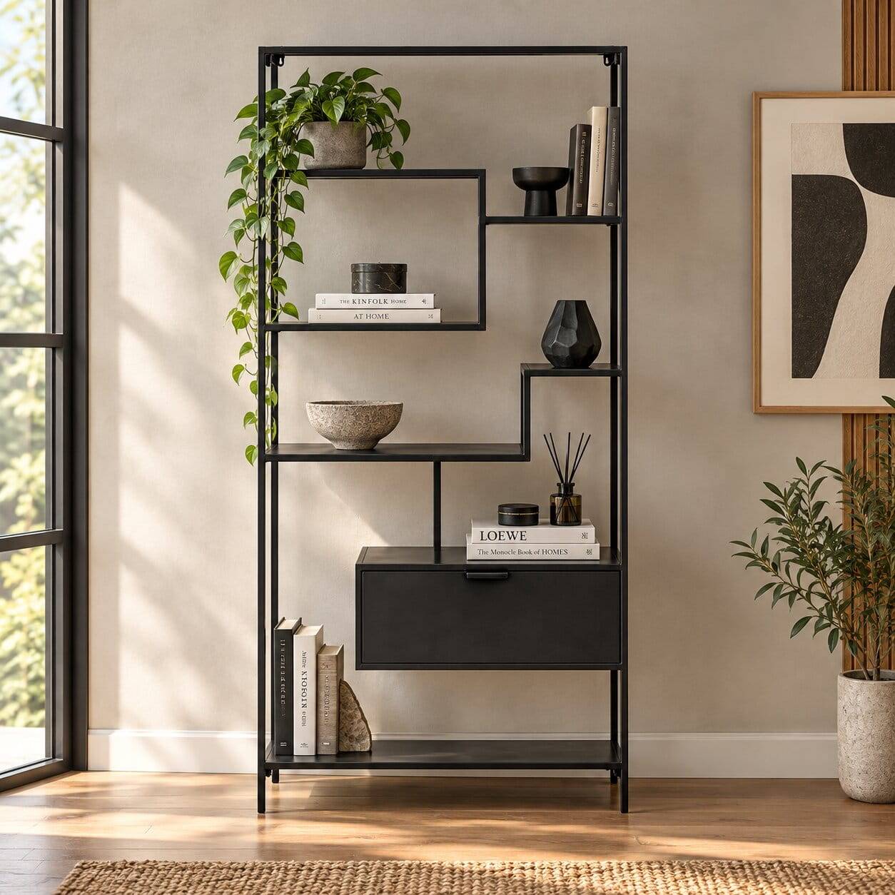Stahl Regal ohne Rückwand in Schwarz mit einer Schublade - 80x168x31