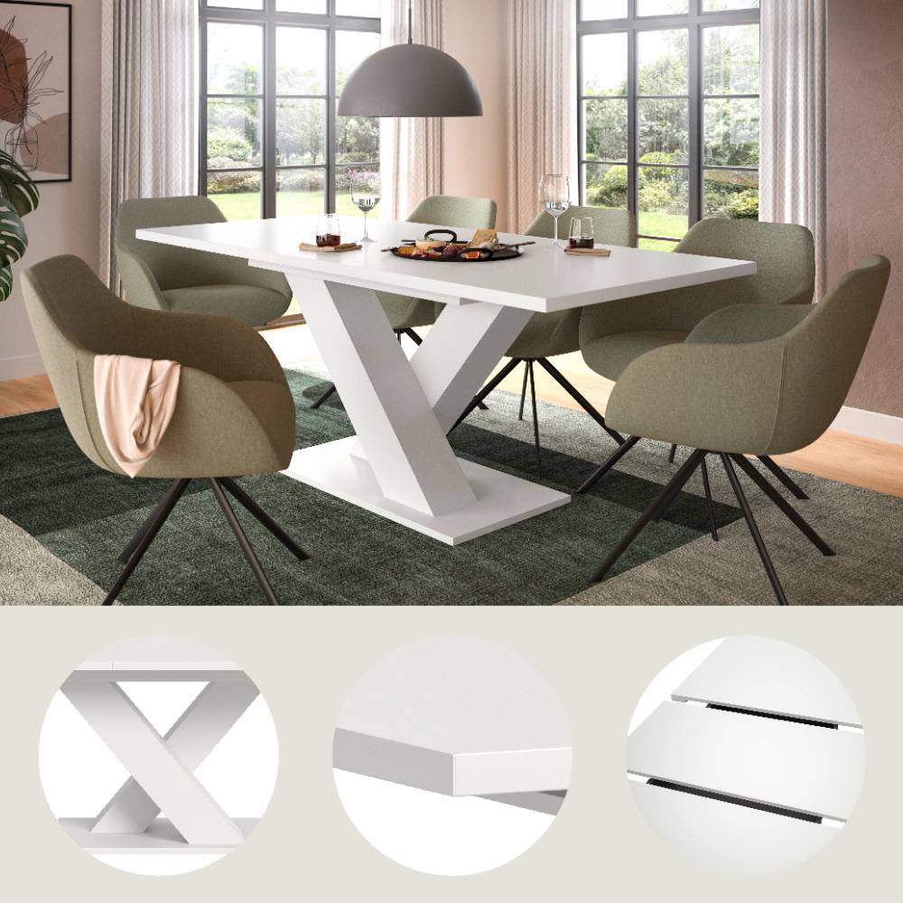 Moderner weißer X-Säulentisch im Esszimmer mit Fokus auf Design und Ausziehfunktion – Charlotte
