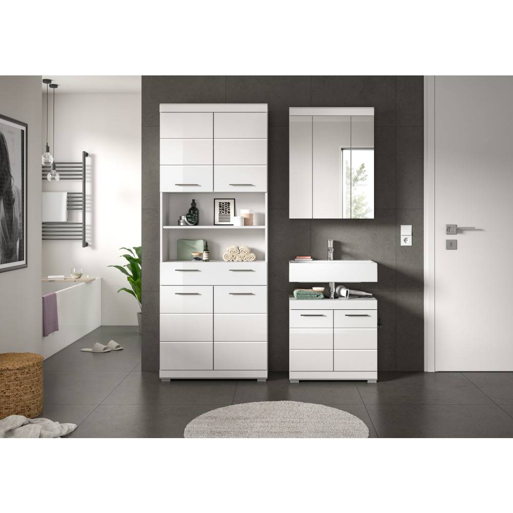 Glänzendes dreiteiliges Badezimmer Set in Weiß mit Spiegelschrank und Stauraum – Henriette
