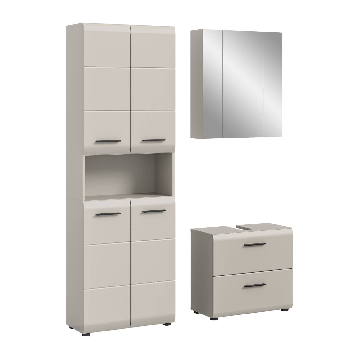 Mattes beiges 3-teiliges Badmöbel Set mit Hochschrank, Spiegelschrank und Waschtischunterschrank – Donostia