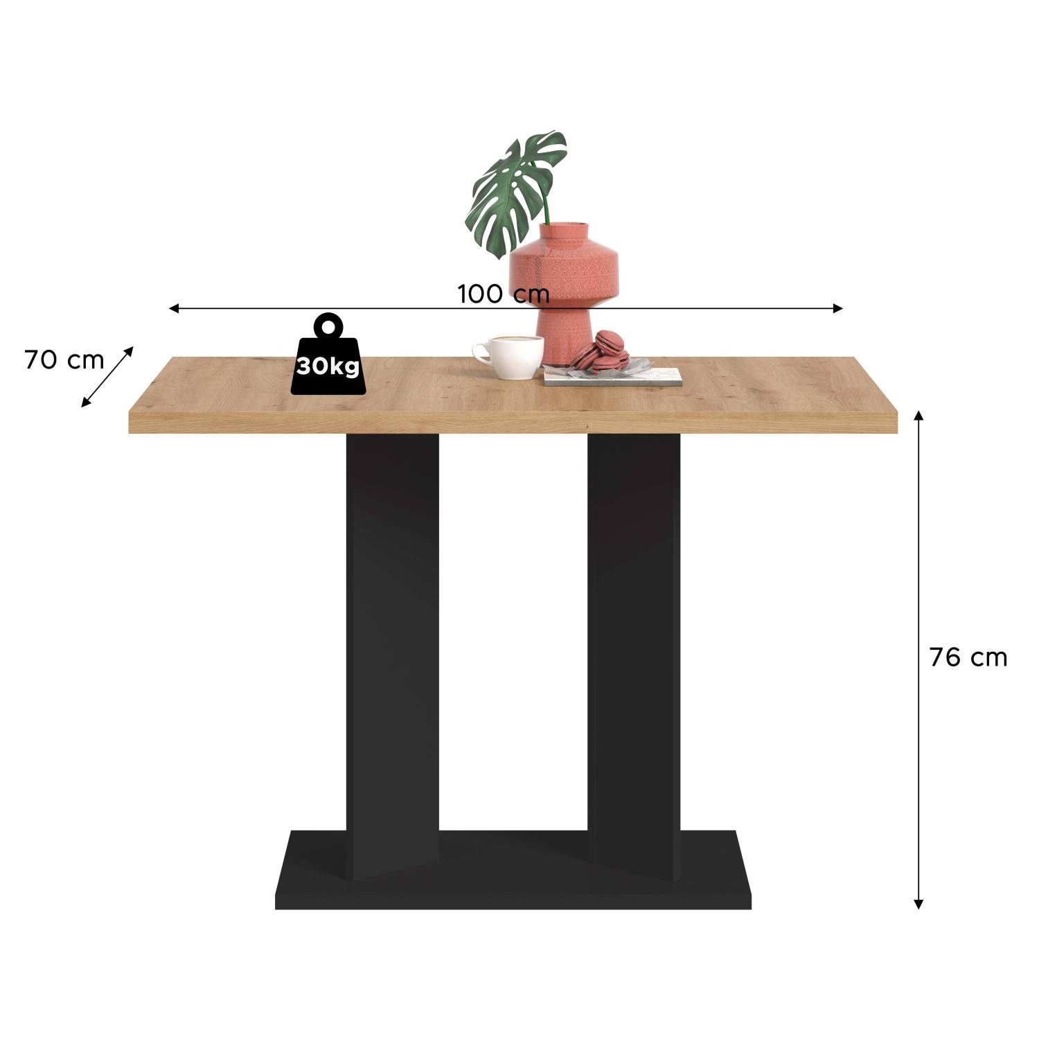 Esstisch Maße und Abmessungen 100x70 cm, Höhe 76 cm, Belastbarkeit 30 kg – Norjan