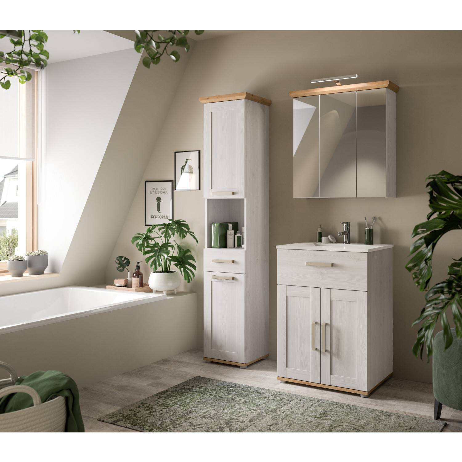 Modernes dreiteiliges Badezimmermöbelset in heller Holzoptik mit Waschbeckenunterschrank und Spiegelschrank – Tocella