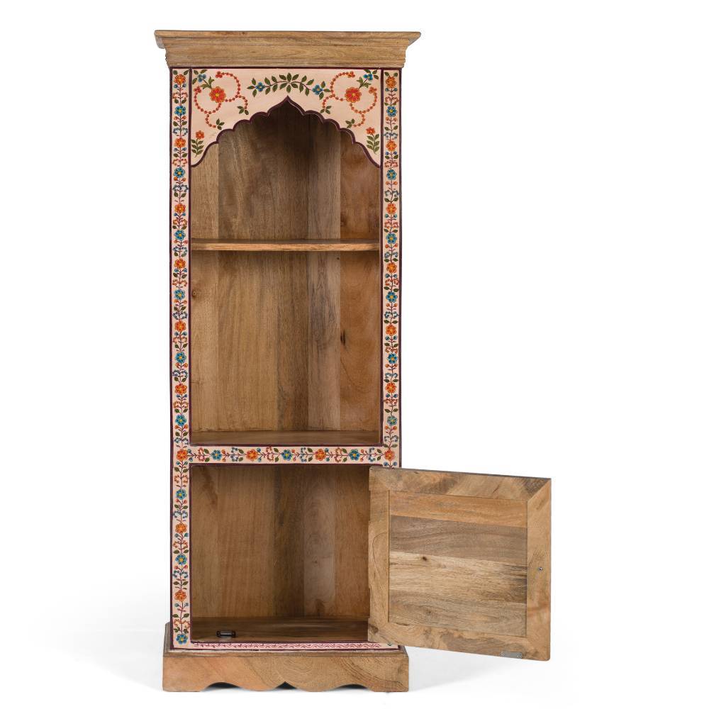 Handbemaltes Boho Regal mit kunstvollen Blumen Motiven und offener Schranktür aus Mangoholz – Sorino